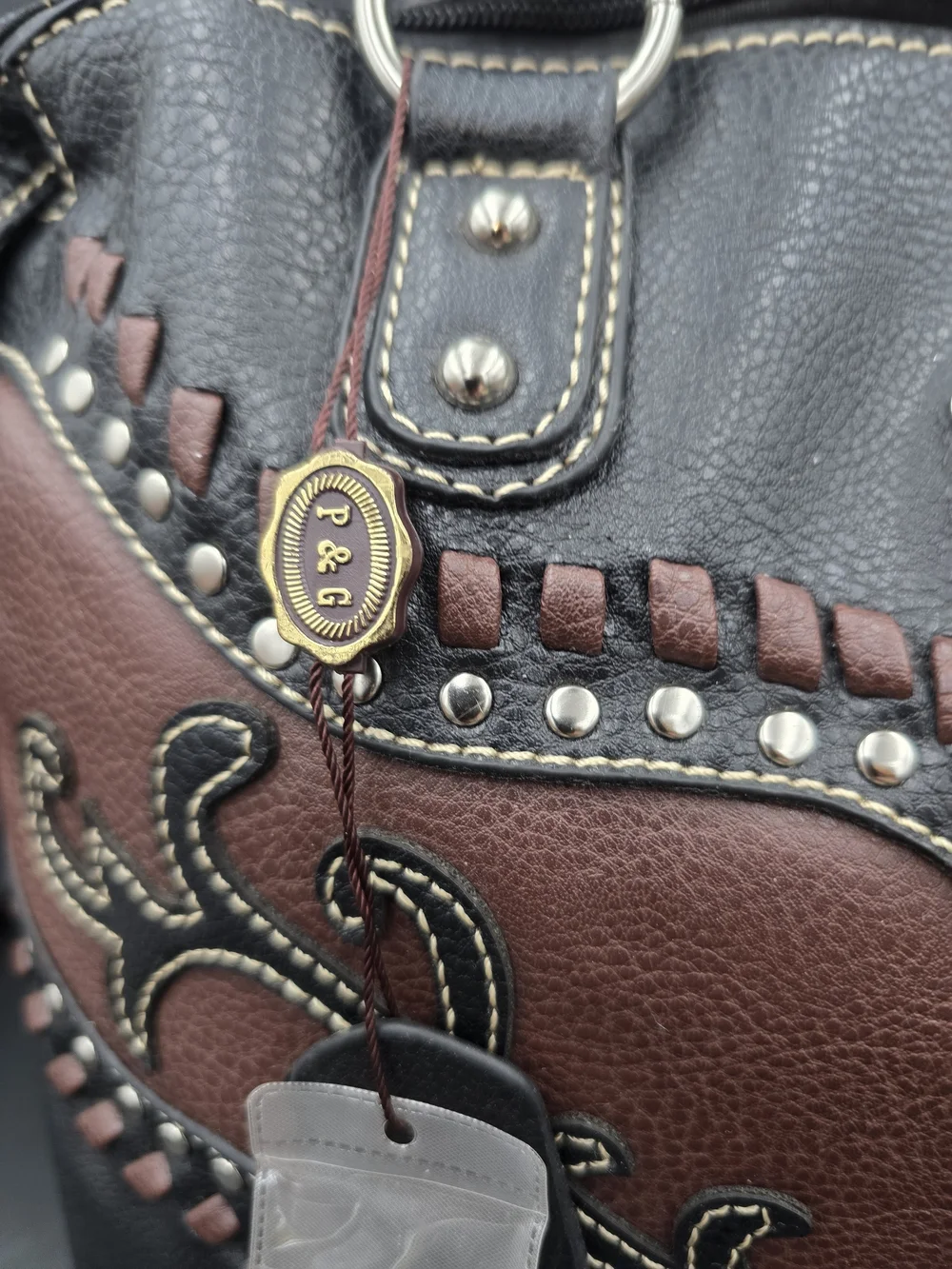 Embellished Two-Tone Black and Brown Satchel Handbag